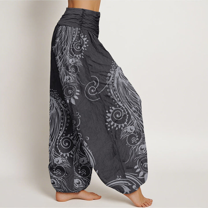 Pantaloni harem da donna con elastico in vita, in cotone, casual, con motivo a pavone, motivo Buddha Stones - image 9