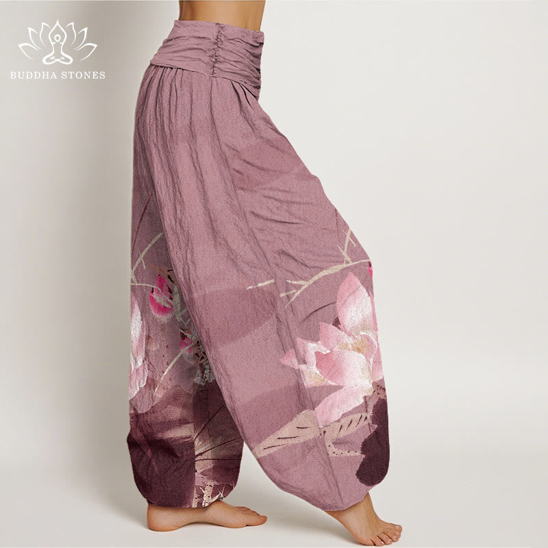 Pantaloni harem elastici in vita da donna con motivo a uccelli e foglie di loto rosa Buddha Stones - image 9