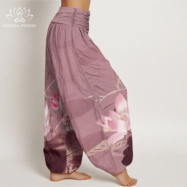 Pantaloni harem elastici in vita da donna con motivo a uccelli e foglie di loto rosa Buddha Stones - image 9