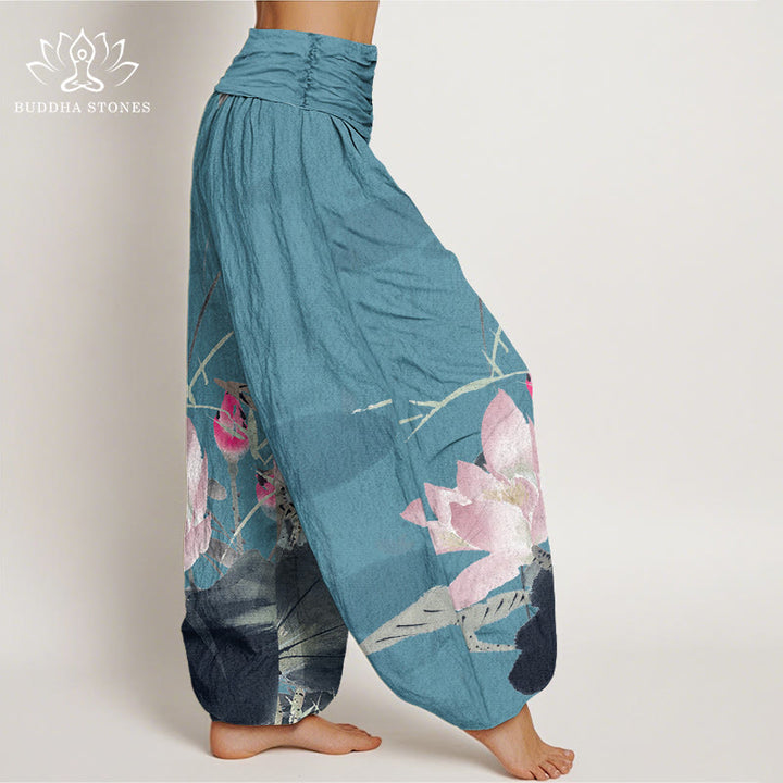 Pantaloni harem elastici in vita da donna con motivo a uccelli e foglie di loto rosa Buddha Stones - image 6