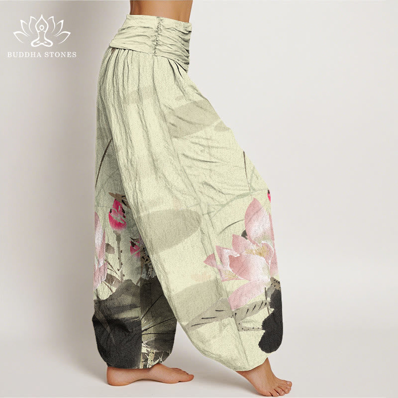 Pantaloni harem elastici in vita da donna con motivo a uccelli e foglie di loto rosa Buddha Stones - image 1