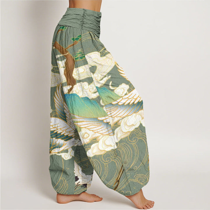 Pantaloni harem da donna con elastico in vita, in cotone, con gru volanti, nuvole di buon auspicio Buddha Stones - image 5