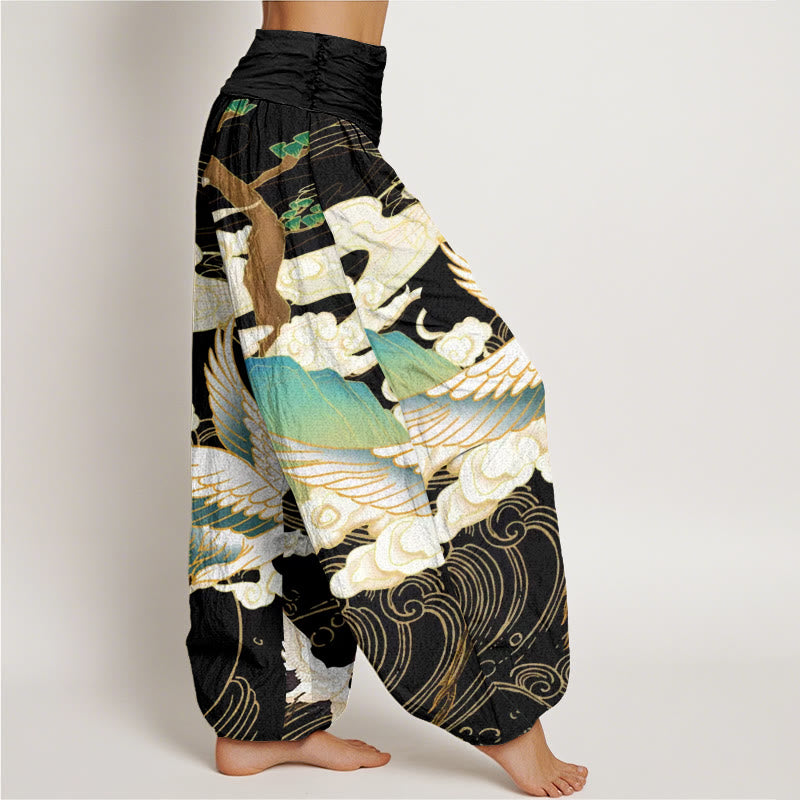 Pantaloni harem da donna con elastico in vita, in cotone, con gru volanti, nuvole di buon auspicio Buddha Stones - image 1