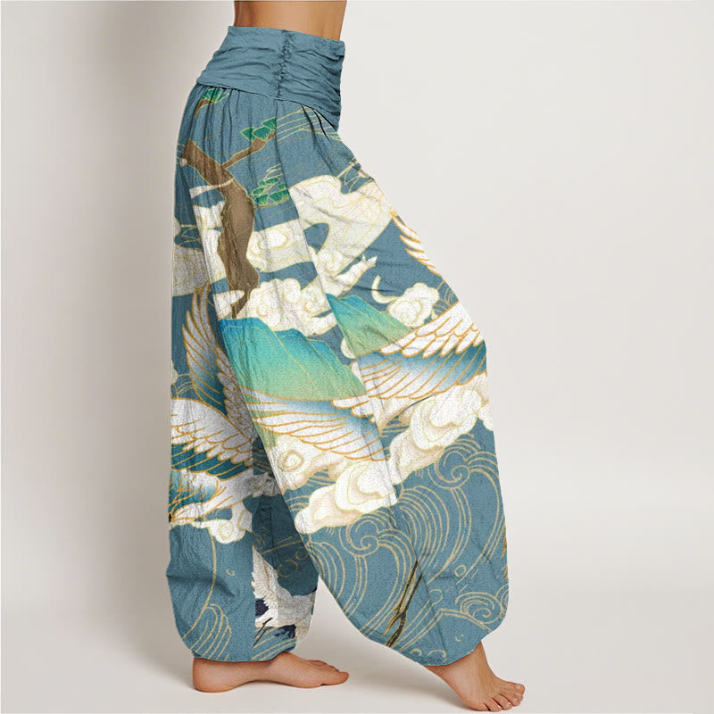 Pantaloni harem da donna con elastico in vita, in cotone, con gru volanti, nuvole di buon auspicio Buddha Stones - image 8