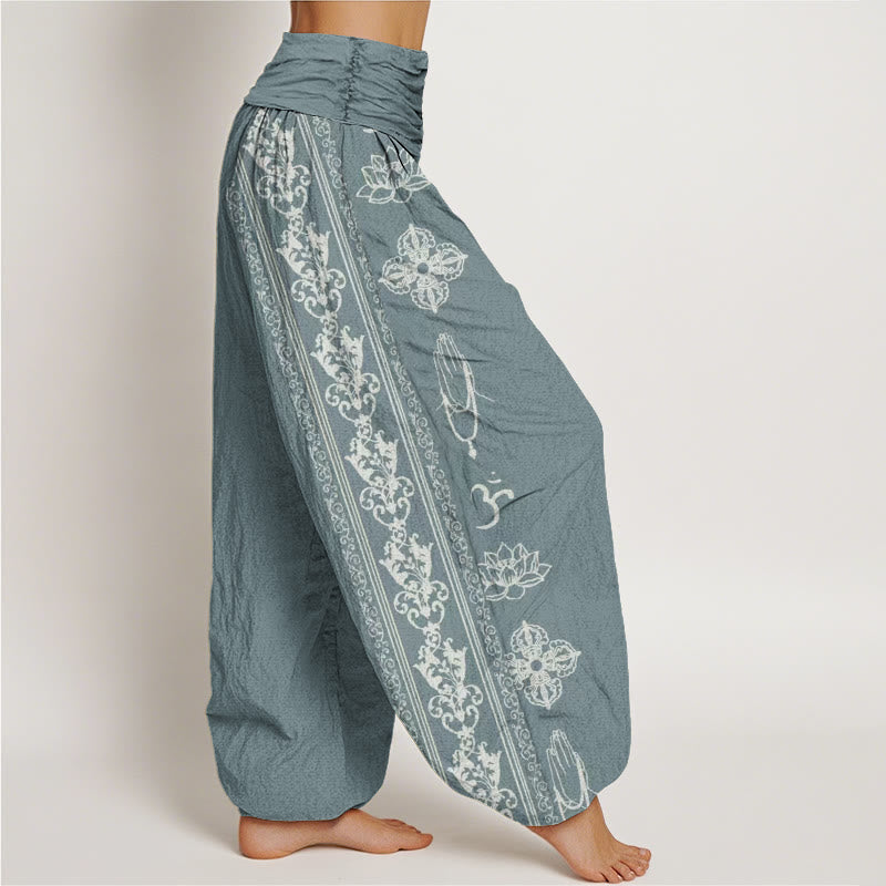 Pantaloni harem da donna con elastico in vita, motivo Buddha Stones Cotton Lotus Flowers Double Dorje Vajra Namaste Om - image 6