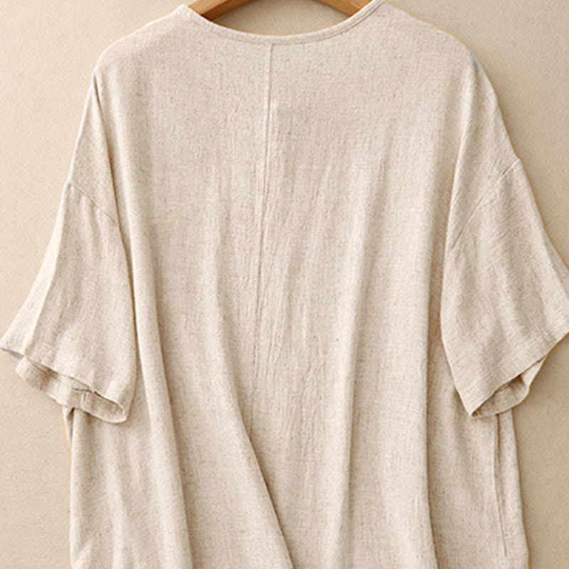 Camicia da donna in lino e cotone con maniche a mezza manica, con tasche, spacchi laterali e bottoni a rana, color block Buddha Stones - image 2