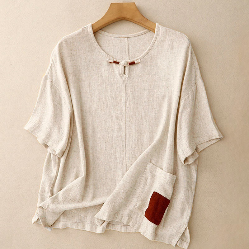 Camicia da donna in lino e cotone con maniche a mezza manica, con tasche, spacchi laterali e bottoni a rana, color block Buddha Stones - Bianco antico - US14, UK/AU18, EU46 (2XL) - image 0