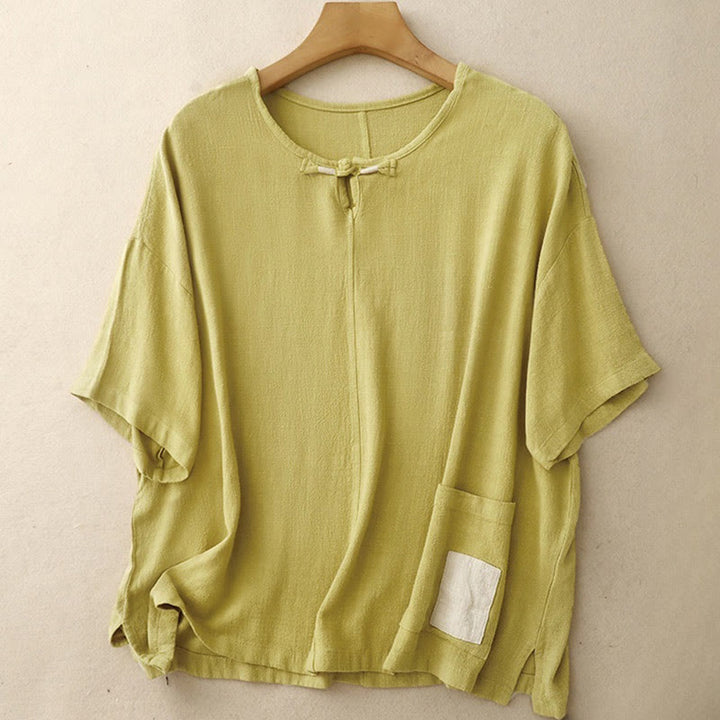 Camicia da donna in lino e cotone con maniche a mezza manica, con tasche, spacchi laterali e bottoni a rana, color block Buddha Stones - Cachi - US14, UK/AU18, EU46 (2XL) - image 9