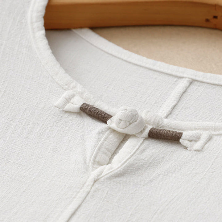 Camicia da donna in lino e cotone con maniche a mezza manica, con tasche, spacchi laterali e bottoni a rana, color block Buddha Stones - image 18