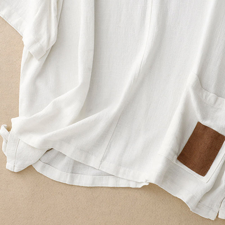 Camicia da donna in lino e cotone con maniche a mezza manica, con tasche, spacchi laterali e bottoni a rana, color block Buddha Stones - image 20