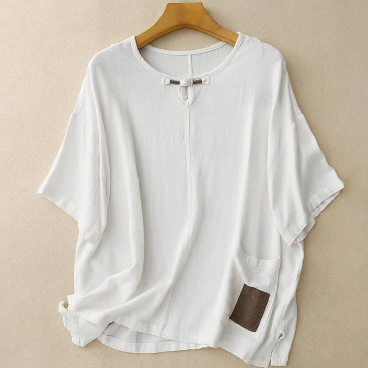 Camicia da donna in lino e cotone con maniche a mezza manica, con tasche, spacchi laterali e bottoni a rana, color block Buddha Stones - Bianco - US14, UK/AU18, EU46 (2XL) - image 15