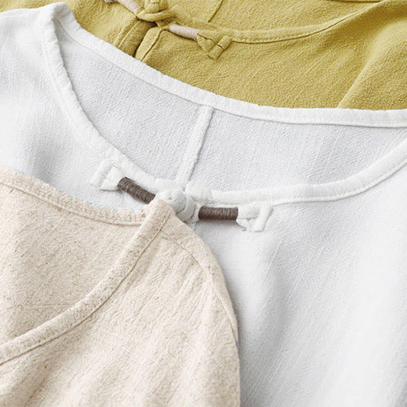 Camicia da donna in lino e cotone con maniche a mezza manica, con tasche, spacchi laterali e bottoni a rana, color block Buddha Stones - image 23