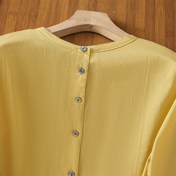 Camicia da donna in lino e cotone con maniche a tre quarti, girocollo, monopetto , Buddha Stones - image 5