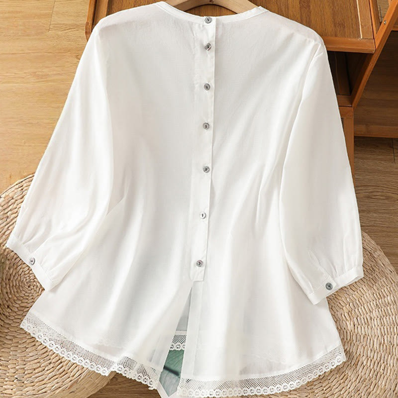 Camicia da donna in lino e cotone con maniche a tre quarti, girocollo, monopetto , Buddha Stones - image 10