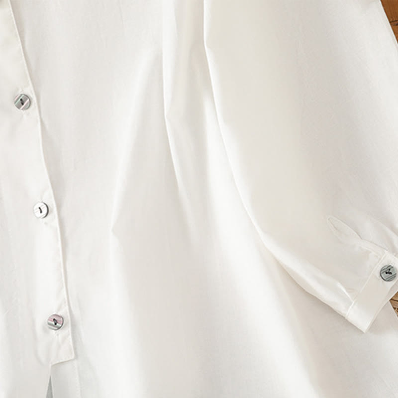 Camicia da donna in lino e cotone con maniche a tre quarti, girocollo, monopetto , Buddha Stones - image 15