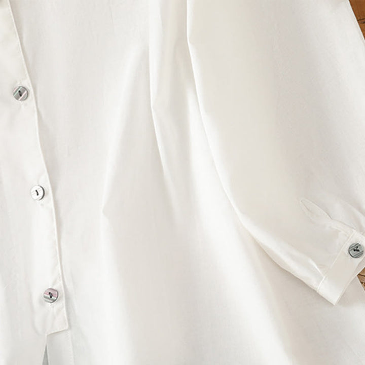 Camicia da donna in lino e cotone con maniche a tre quarti, girocollo, monopetto , Buddha Stones - image 15