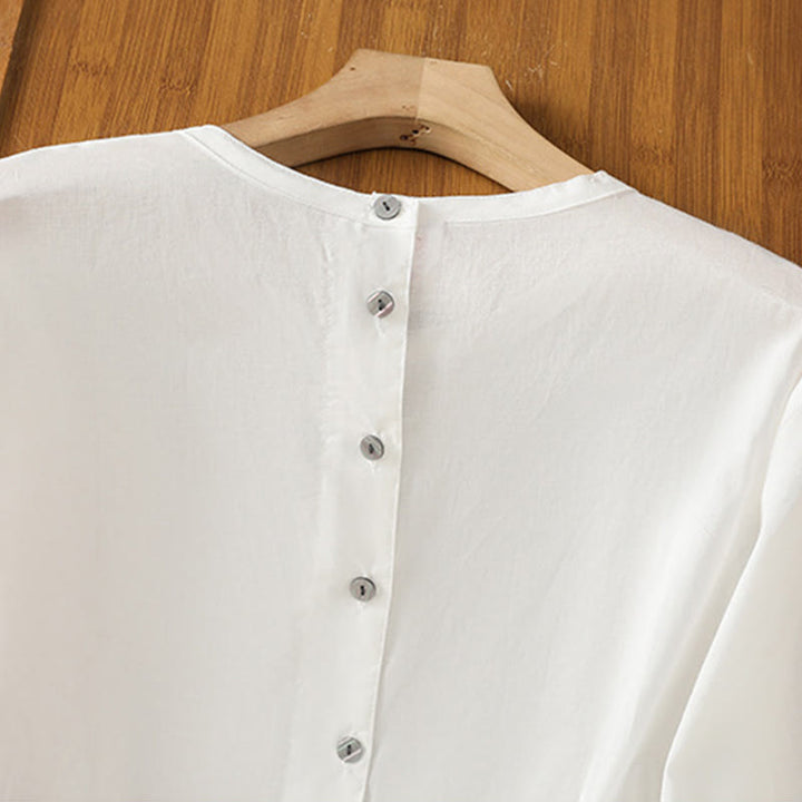 Camicia da donna in lino e cotone con maniche a tre quarti, girocollo, monopetto , Buddha Stones - image 16