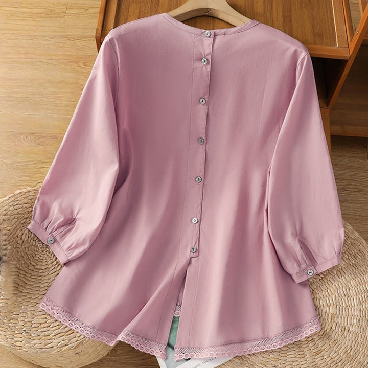 Camicia da donna in lino e cotone con maniche a tre quarti, girocollo, monopetto , Buddha Stones - image 19