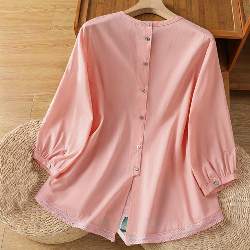 Camicia da donna in lino e cotone con maniche a tre quarti, girocollo, monopetto , Buddha Stones - image 28