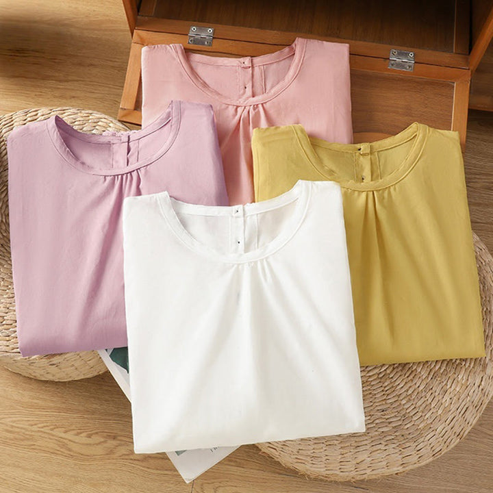 Camicia da donna in lino e cotone con maniche a tre quarti, girocollo, monopetto , Buddha Stones - image 36