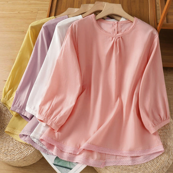 Camicia da donna in lino e cotone con maniche a tre quarti, girocollo, monopetto , Buddha Stones - image 36