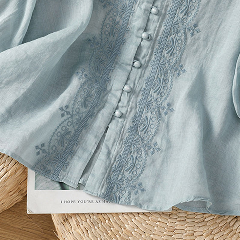Camicia da donna in poliestere con scollo a V, manica corta , Buddha Stones, bottoni a rana - image 10