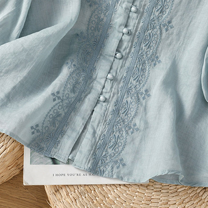 Camicia da donna in poliestere con scollo a V, manica corta , Buddha Stones, bottoni a rana - image 10