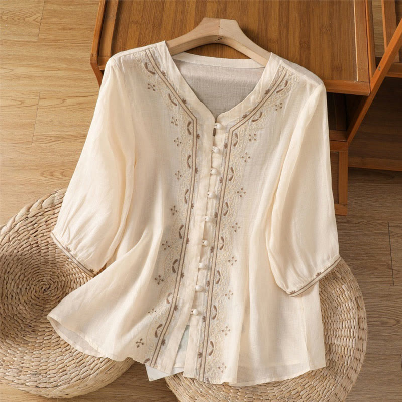 Camicia da donna in poliestere con scollo a V, manica corta , Buddha Stones, bottoni a rana - Beige - US12, UK/AU16, EU44 (2XL) - image 0