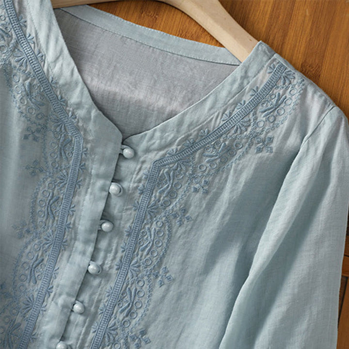 Camicia da donna in poliestere con scollo a V, manica corta , Buddha Stones, bottoni a rana - image 8