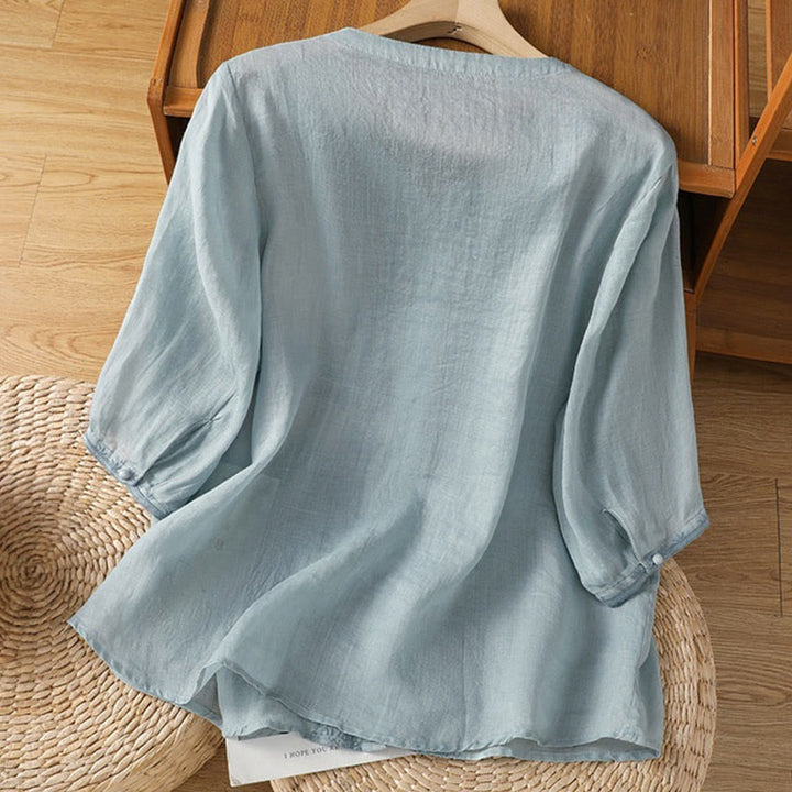 Camicia da donna in poliestere con scollo a V, manica corta , Buddha Stones, bottoni a rana - image 6