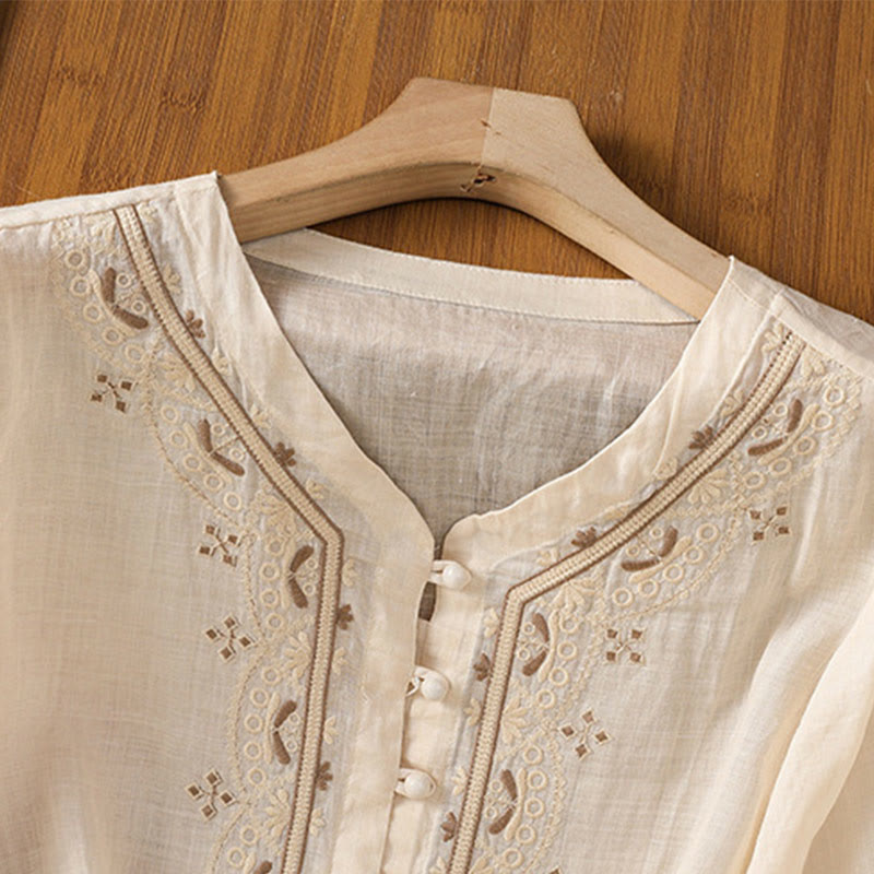 Camicia da donna in poliestere con scollo a V, manica corta , Buddha Stones, bottoni a rana - image 1