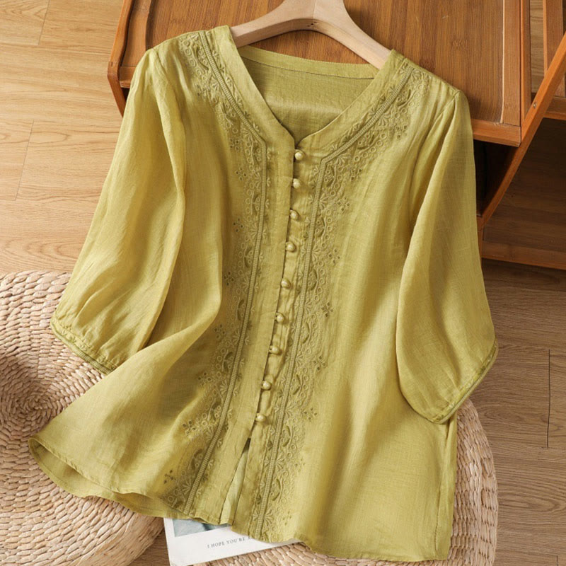 Camicia da donna in poliestere con scollo a V, manica corta , Buddha Stones, bottoni a rana - DarkKhaki - US12, UK/AU16, EU44 (2XL) - image 11