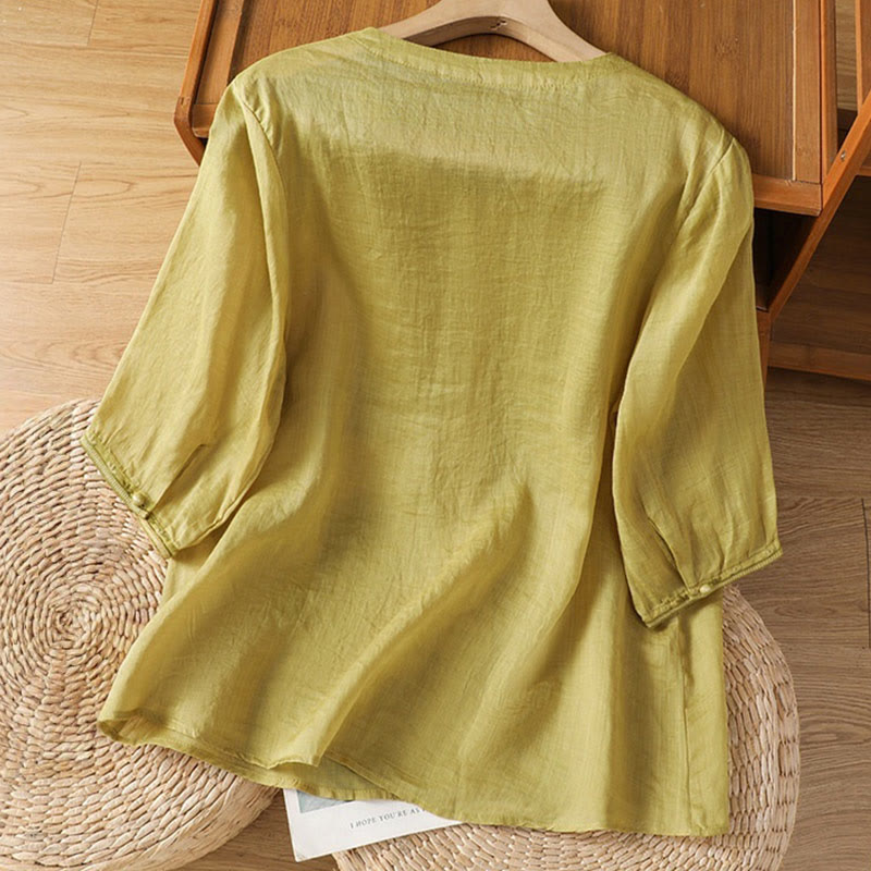Camicia da donna in poliestere con scollo a V, manica corta , Buddha Stones, bottoni a rana - image 12