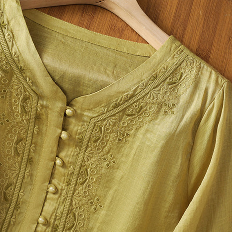 Camicia da donna in poliestere con scollo a V, manica corta , Buddha Stones, bottoni a rana - image 16