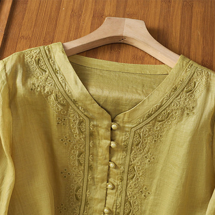 Camicia da donna in poliestere con scollo a V, manica corta , Buddha Stones, bottoni a rana - image 14