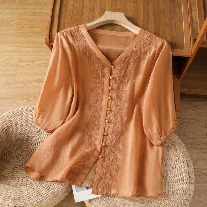 Camicia da donna in poliestere con scollo a V, manica corta , Buddha Stones, bottoni a rana - SandyBrown - US12, UK/AU16, EU44 (2XL) - image 18