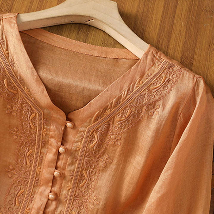 Camicia da donna in poliestere con scollo a V, manica corta , Buddha Stones, bottoni a rana - image 20