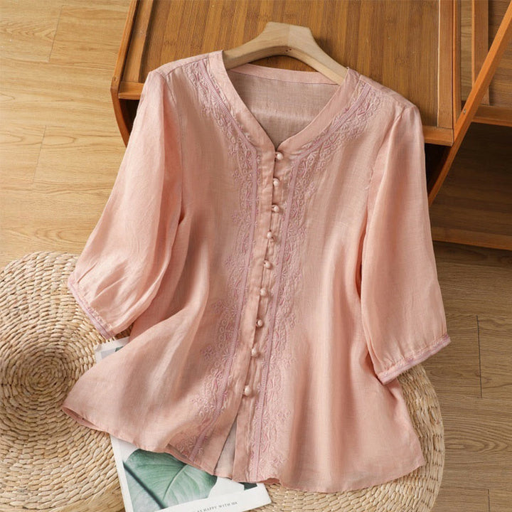 Camicia da donna in poliestere con scollo a V, manica corta , Buddha Stones, bottoni a rana - MistyRose - US12, UK/AU16, EU44 (2XL) - image 24