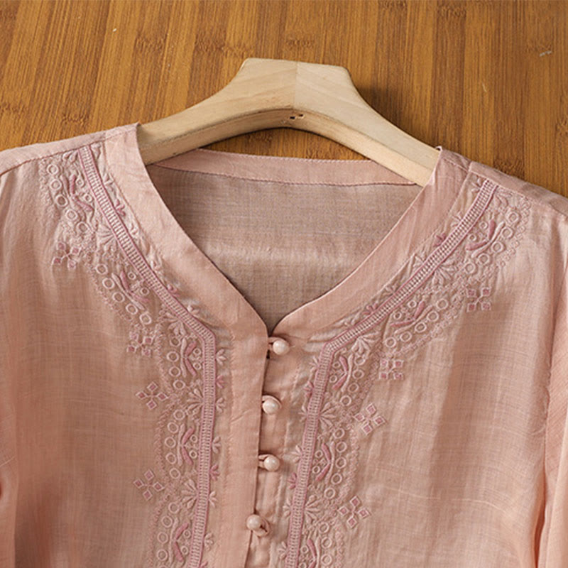 Camicia da donna in poliestere con scollo a V, manica corta , Buddha Stones, bottoni a rana - image 29