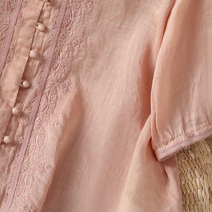 Camicia da donna in poliestere con scollo a V, manica corta , Buddha Stones, bottoni a rana - image 30