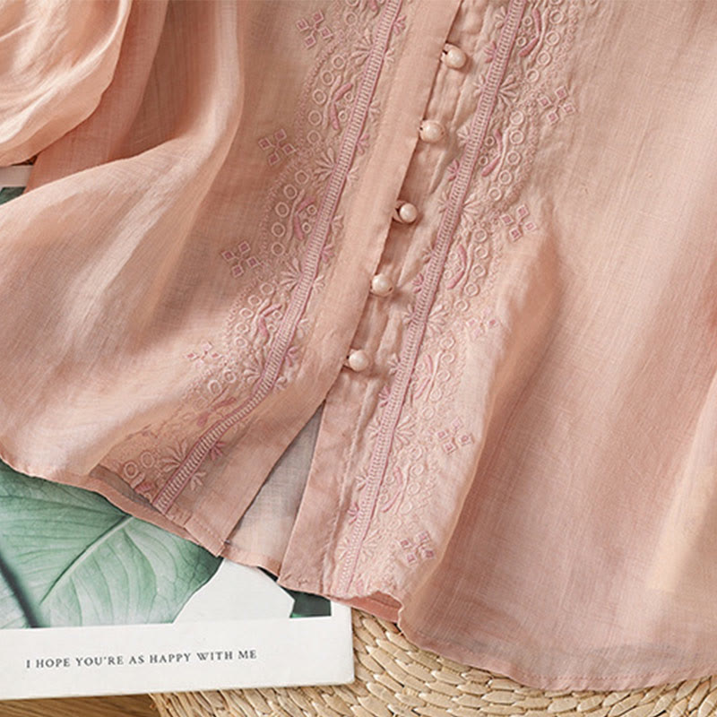 Camicia da donna in poliestere con scollo a V, manica corta , Buddha Stones, bottoni a rana - image 27