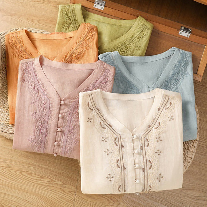 Camicia da donna in poliestere con scollo a V, manica corta , Buddha Stones, bottoni a rana - image 32