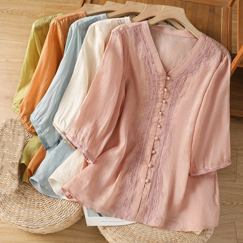 Camicia da donna in poliestere con scollo a V, manica corta , Buddha Stones, bottoni a rana - image 31