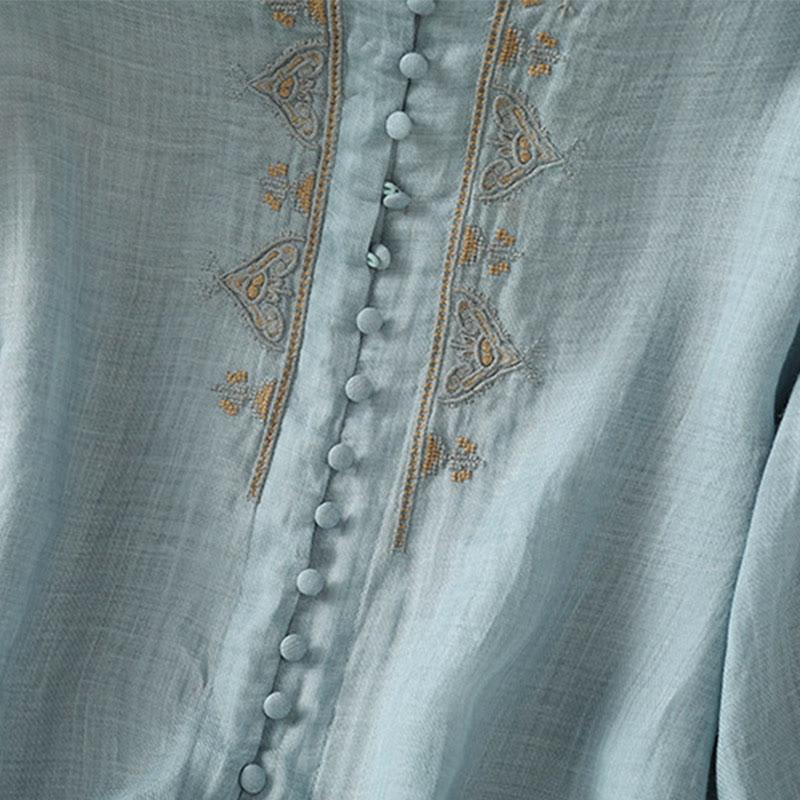 Camicia da donna con scollo a V, manica corta, monopetto, in poliestere, con bottoni e ricamo casual Buddha Stones - image 8