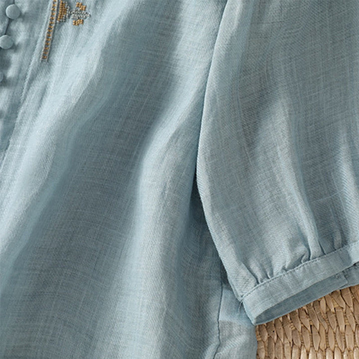 Camicia da donna con scollo a V, manica corta, monopetto, in poliestere, con bottoni e ricamo casual Buddha Stones - image 5