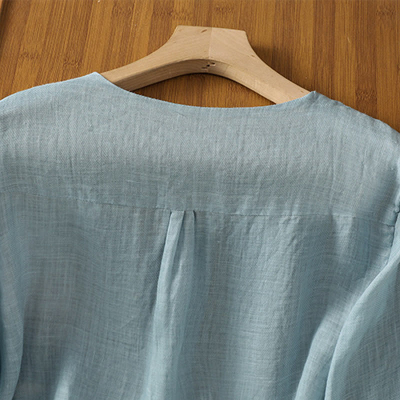 Camicia da donna con scollo a V, manica corta, monopetto, in poliestere, con bottoni e ricamo casual Buddha Stones - image 3