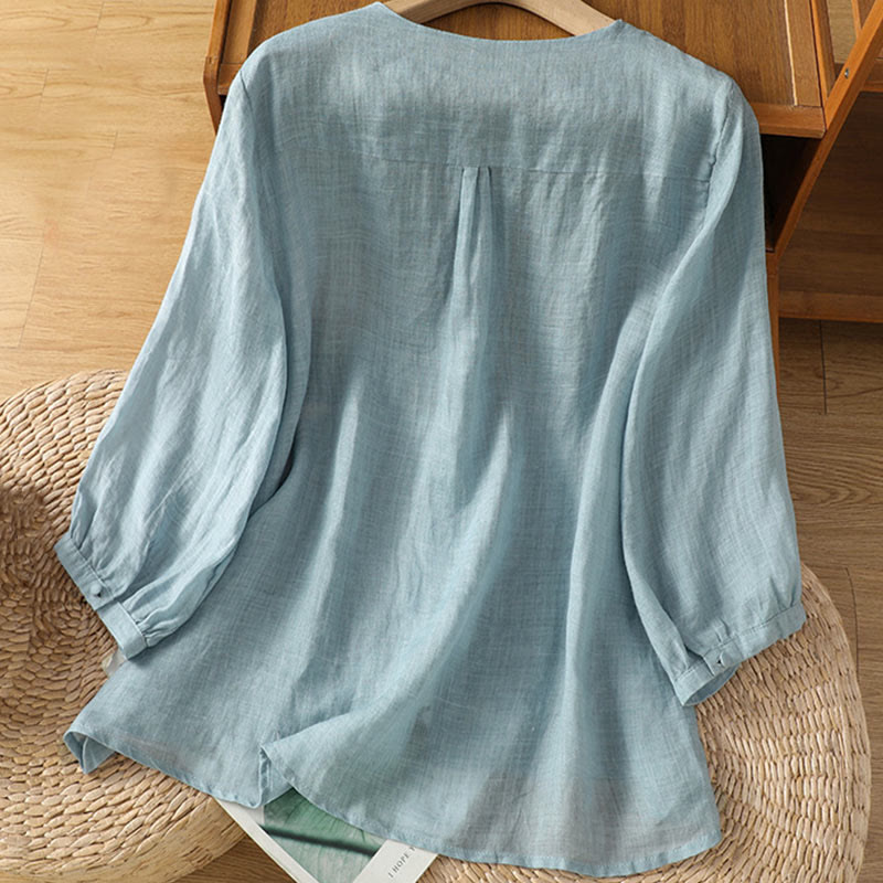 Camicia da donna con scollo a V, manica corta, monopetto, in poliestere, con bottoni e ricamo casual Buddha Stones - image 1