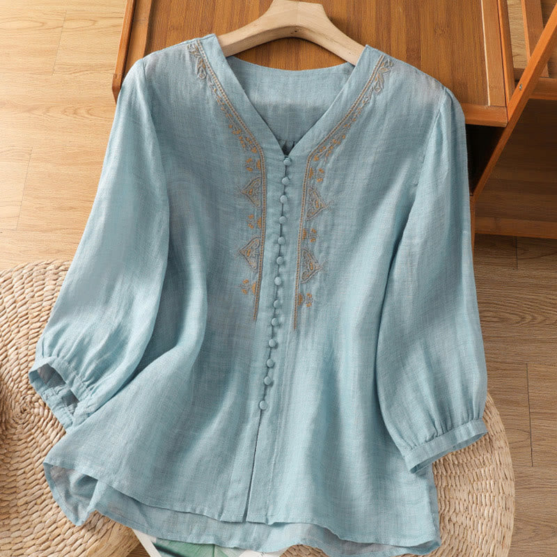Camicia da donna a maniche corte con scollo a V, monopetto, con bottoni e Buddha Stones. - Cielo Blu - US8-10, UK/AU12-14, EU40-42 (2XL) - image 0