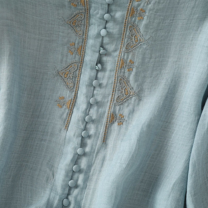 Camicia da donna a maniche corte con scollo a V, monopetto, con bottoni e Buddha Stones. - image 8