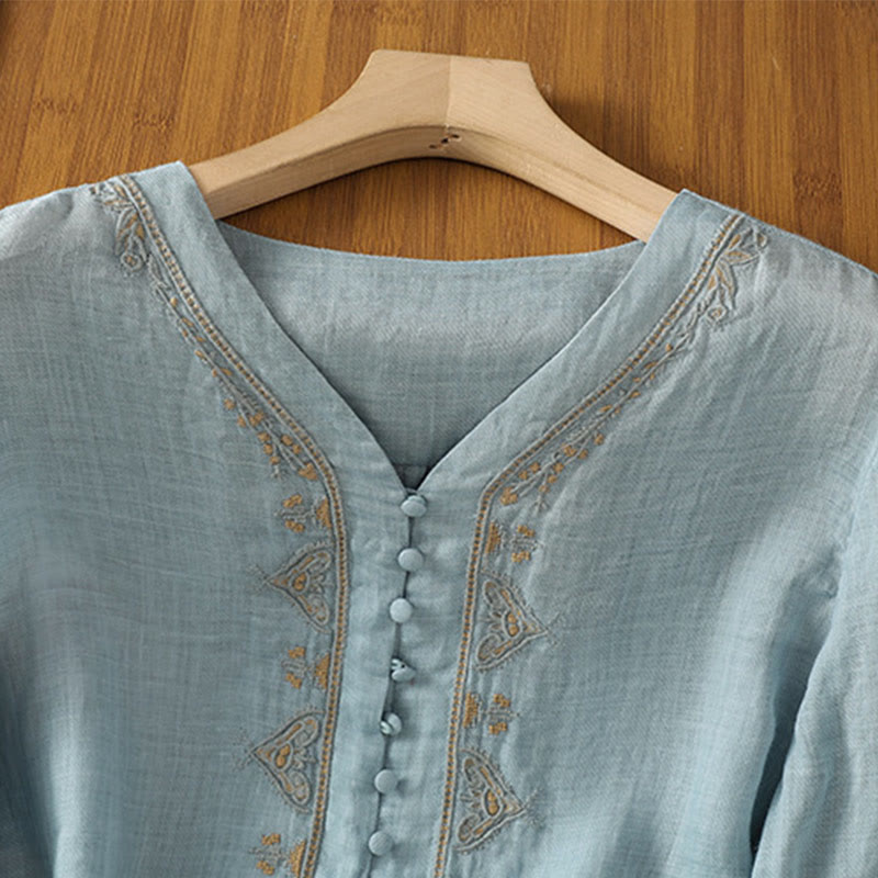 Camicia da donna con scollo a V, manica corta, monopetto, in poliestere, con bottoni e ricamo casual Buddha Stones - image 2